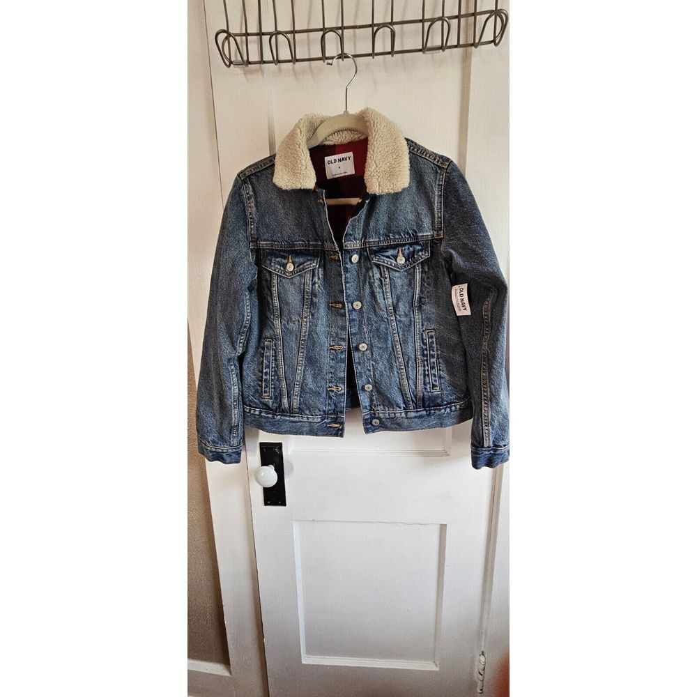 NWT Old Navy Woman Sherpa Collar Red Buffalo Plaid Flannel Lined‎ Denim Jacket M